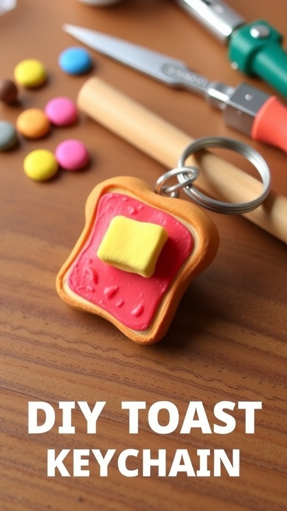 A handmade polymer clay toast keychain with a golden crust and butter, resting on a crafting table.
